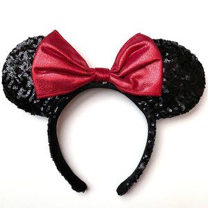 Disney Parks Black Sequin Red Metallic Bow Minnie Mouse Ears